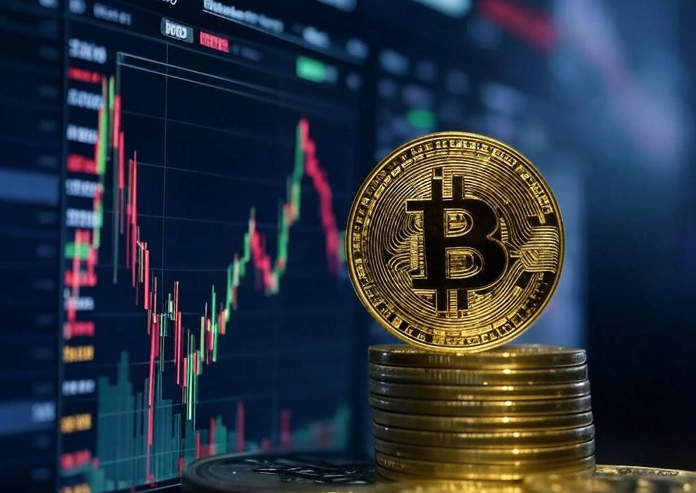 「ビットコインの価格上昇を示すチャートと金色のビットコイントークン」