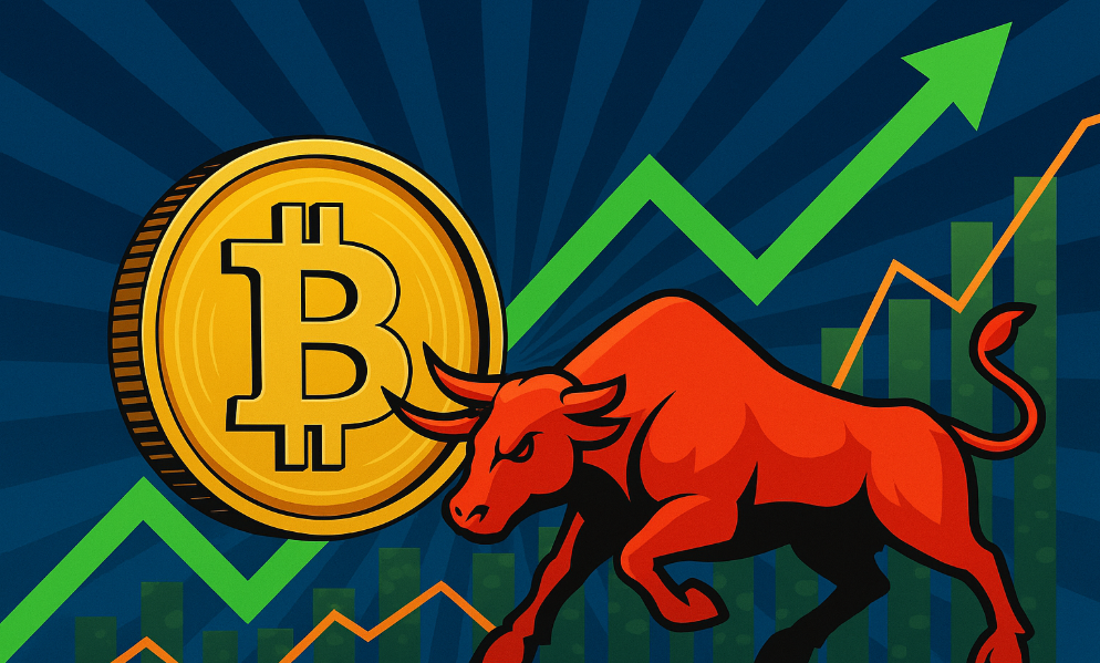 上昇する緑の矢印と赤いブル、背景にはビットコインを表す記号。強気市場の到来を示唆するイラスト。