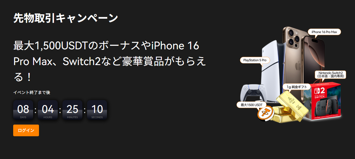 【豪華賞品】先物取引キャンペーン|最大1,500 USDTやiPhone、PS5、Switch2など