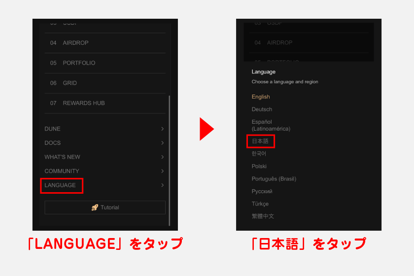 メニューから「LANGUAGE」をタップ。「日本語」をタップして言語設定を変更してください。以上でAsterを利用する準備の完了です。