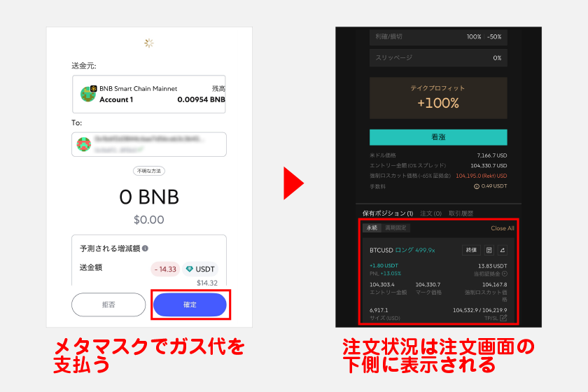 各種設定完了後、注文発注ボタンをタップします。その後、メタマスクが開くのでガス代を支払って注文完了です。注文状況は注文画面の下側に表示されます。