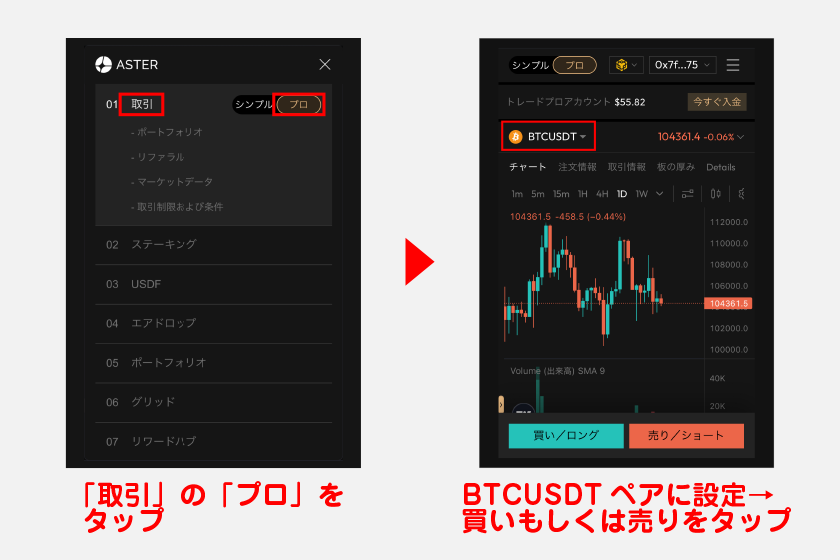 まずは、メニュー画面から「取引」の「プロ」をタップ。画面上部の取引通貨ペアをタップして、BTCUSDTペアに設定してください。その後、買いもしくは売りボタンをタップします。