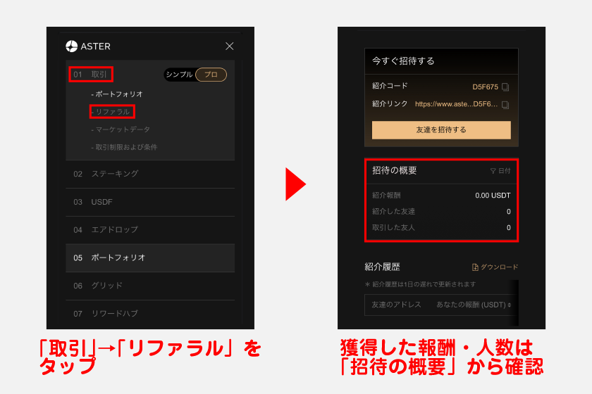 招待コードならびに招待URLは、メニューの「取引」にある「リファラル」をタップすれば確認できます。招待コードを使って獲得した報酬、招待人数は「招待の概要」から確認してください。