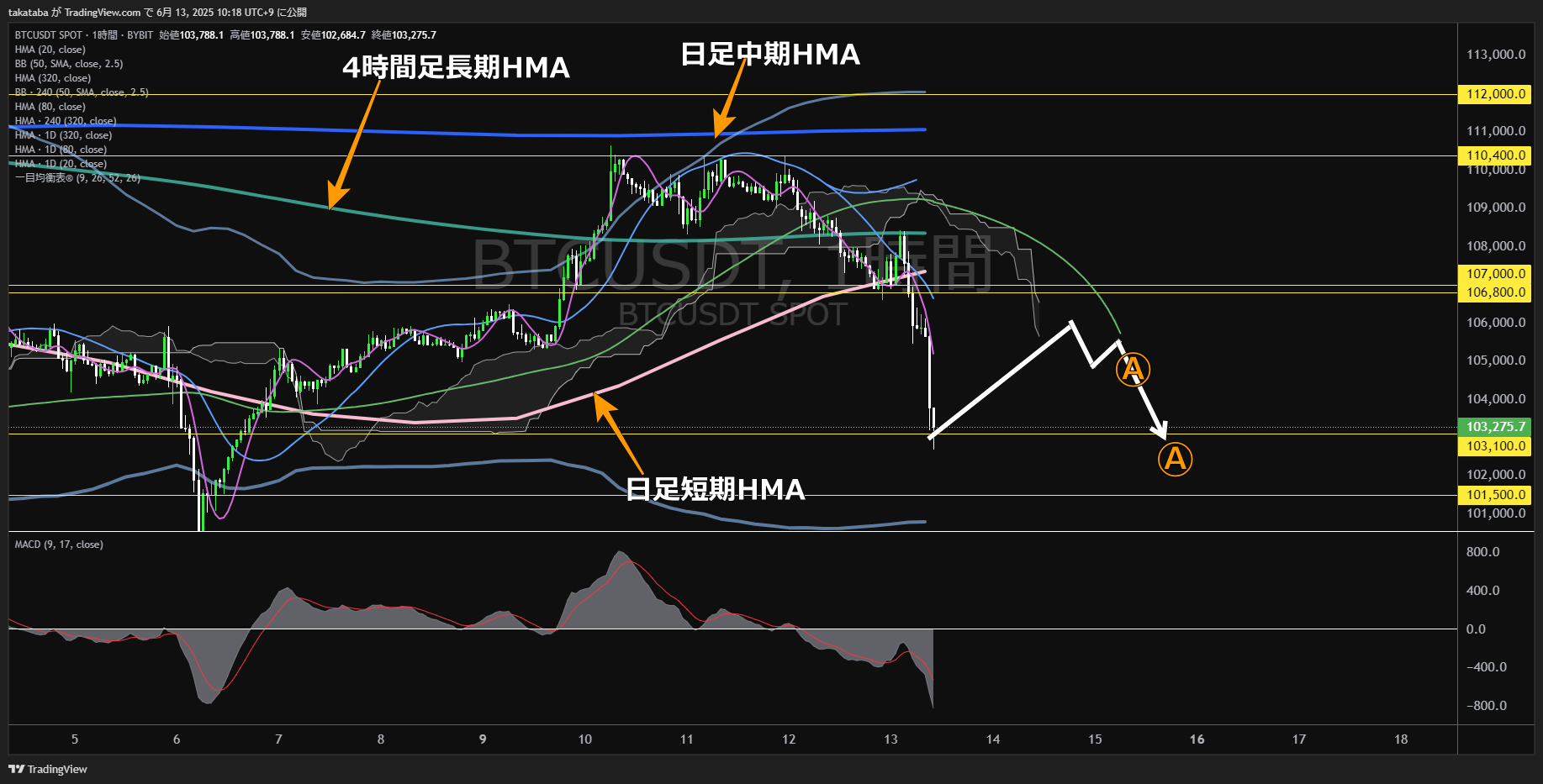 ビットコイン(BTC)-1時間足チャート分析-2025年6月13日