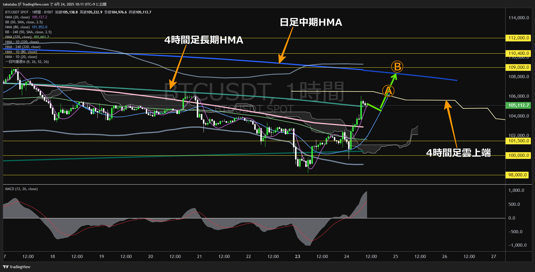 ビットコイン(BTC)-1時間足チャート分析-2025年6月24日