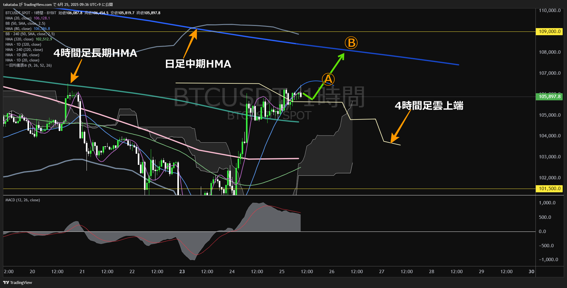 ビットコイン(BTC)-1時間足チャート分析-2025年6月25日