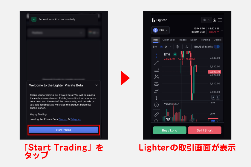 アクセス申請完了後、「Start Trading」をタップ。Lighterの取引画面が表示されたらウォレット連携とアクセス申請の完了です。