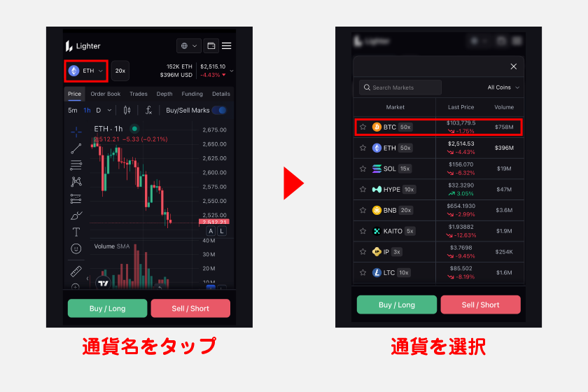 続いて、取引通貨の選択です。取引画面の上部から通貨名をタップし、任意の通貨を選択してください。ここではBTCを選択して取引を進めてみます。