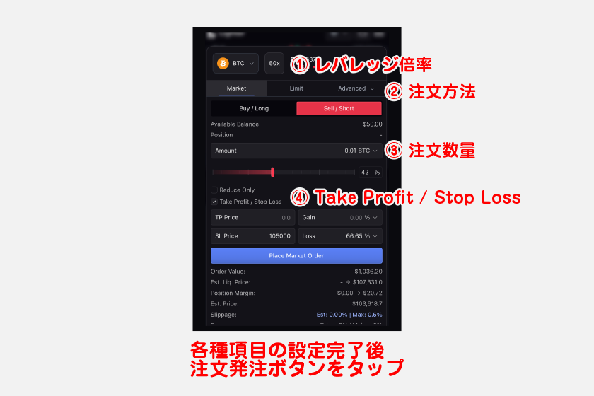 注文画面で設定できる項目は、以下画像や一覧表のとおりです。各種項目の設定完了後、注文発注ボタンをタップしてください。