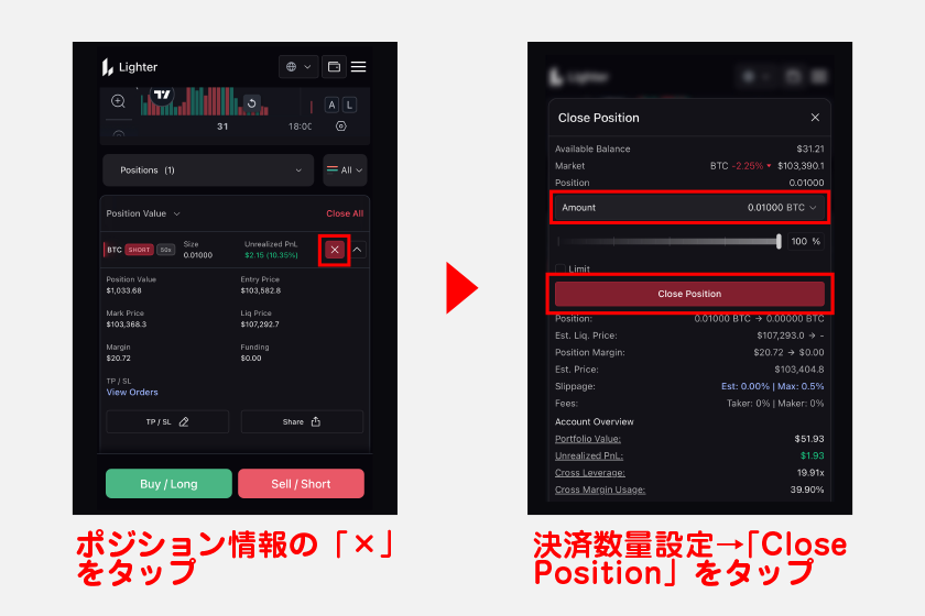 ポジションの決済は、チャート画面下に表示されるポジション欄から進められます。ポジション情報の「×」アイコンをタップ後、決済数量を設定して「Close Position」をタップしてください。