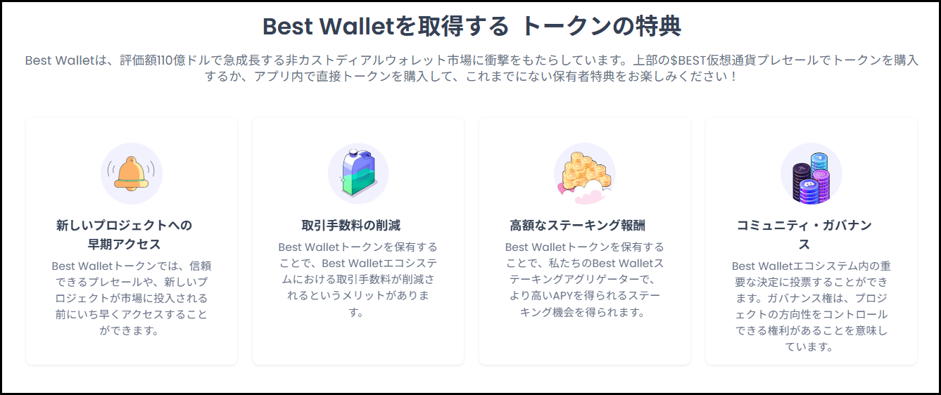 Best Walletトークンの特典を説明する4つのアイコンとテキスト