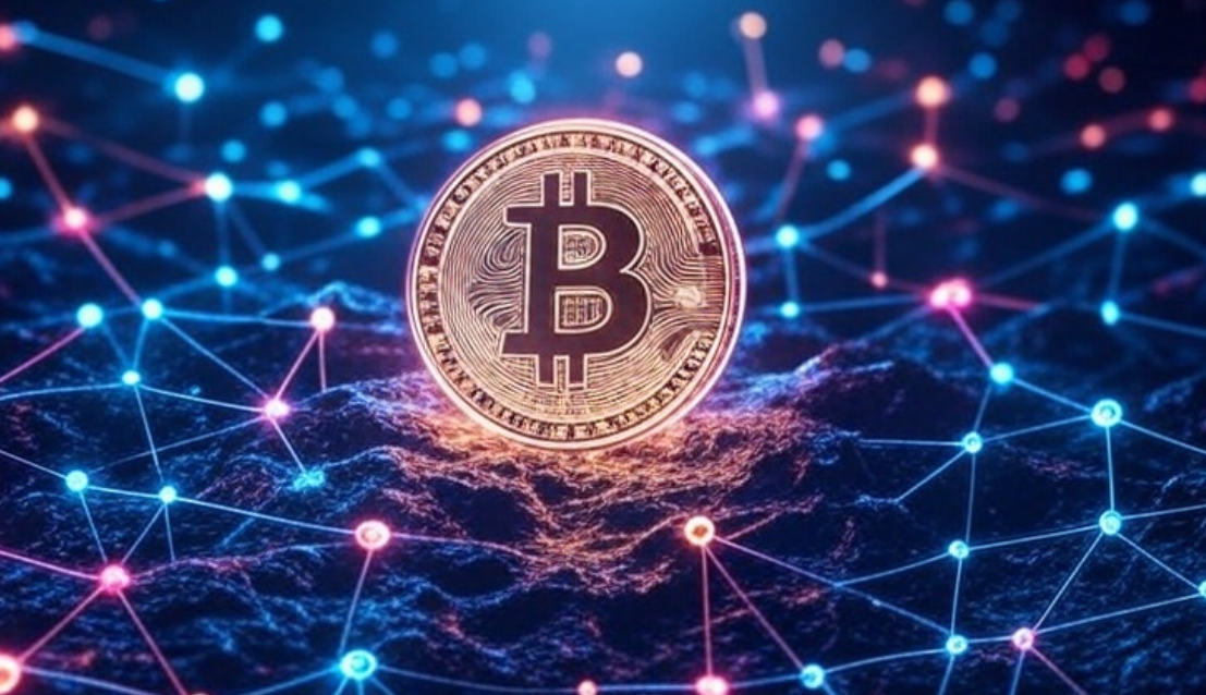 暗いネットワーク背景に浮かぶビットコインのコインのイメージ。コインの周囲には光るネットワークノードが張り巡らされ、分散型技術と未来的な金融インフラを象徴している