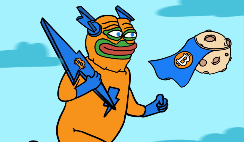 旗とロケットを持ったカエル風キャラクターが宇宙空間を背景にBitcoin Hyperのロゴ入りアイテムを掲げているイラスト