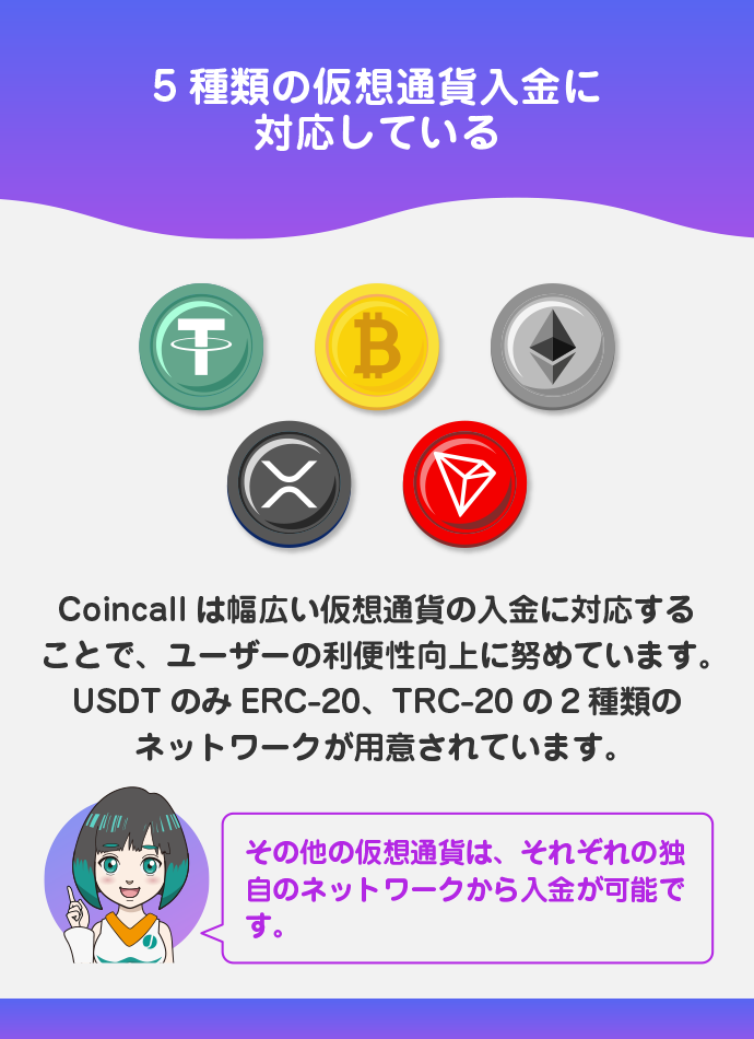 入金できる仮想通貨は5種類