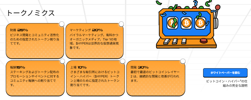 ビットコインをモチーフにした3つのコインが並ぶ機械装置が描かれたイラスト。機械からは新たな芽が伸び、持続可能な成長とトークンエコノミーの発展を象徴している。背景には「トークノミクス」の各要素が説明されたオレンジ色のボックスが配置されている