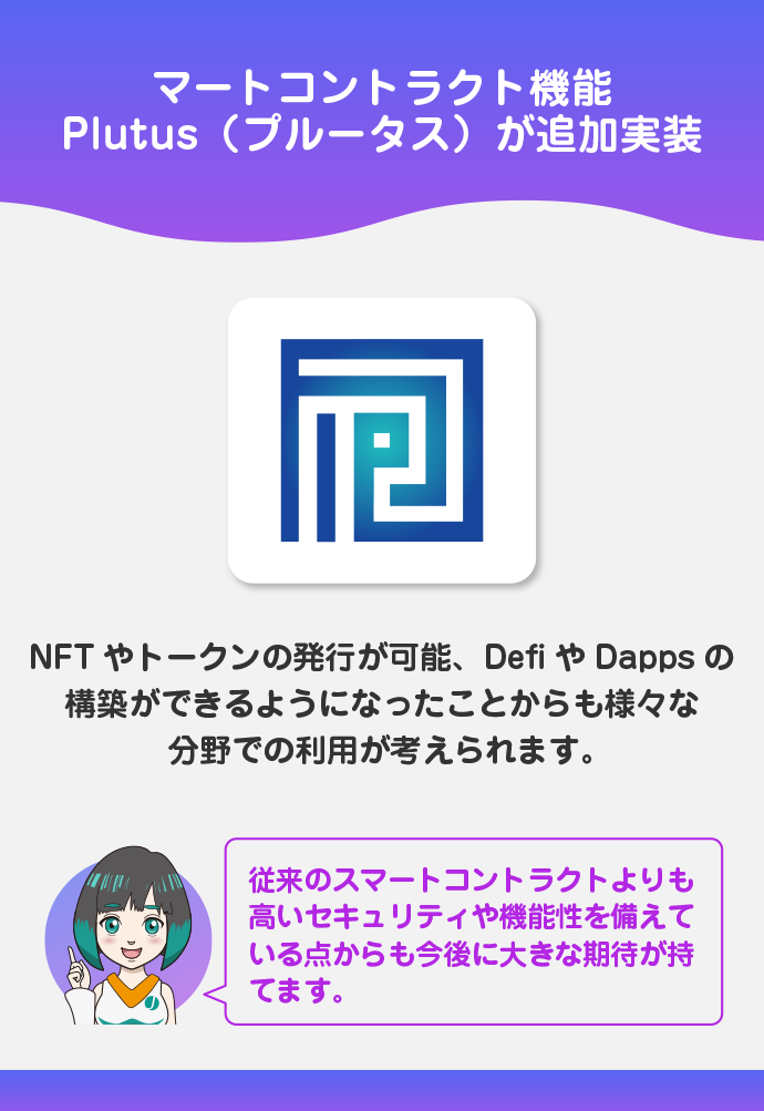 独自のスマートコントラクト「Plutus(プルータス)」を備えている