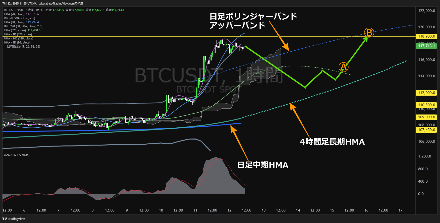 ビットコイン（BTC）-1時間足チャート分析-2025年7月12日
