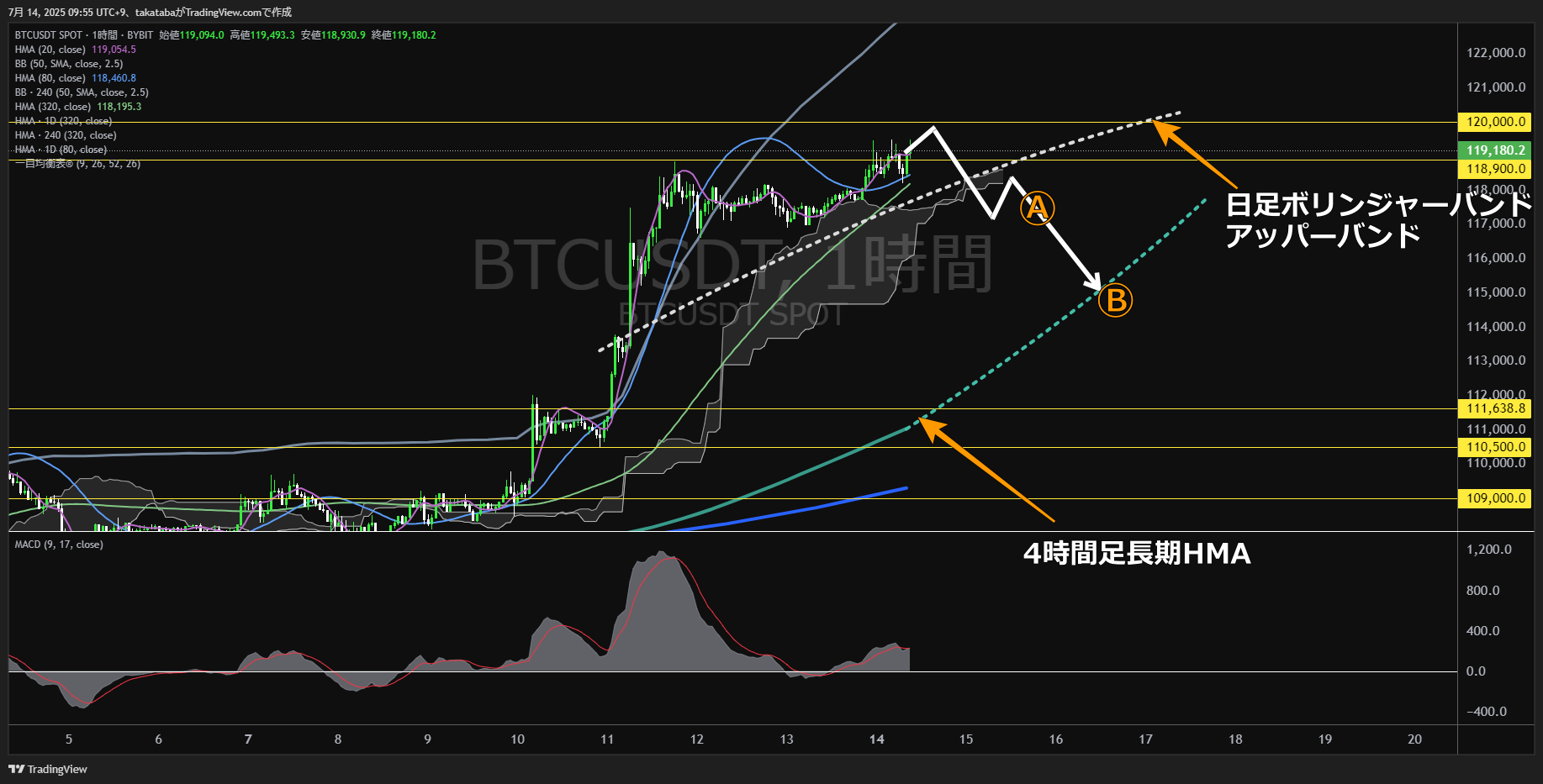ビットコイン(BTC)-1時間足チャート分析-2025年7月14日