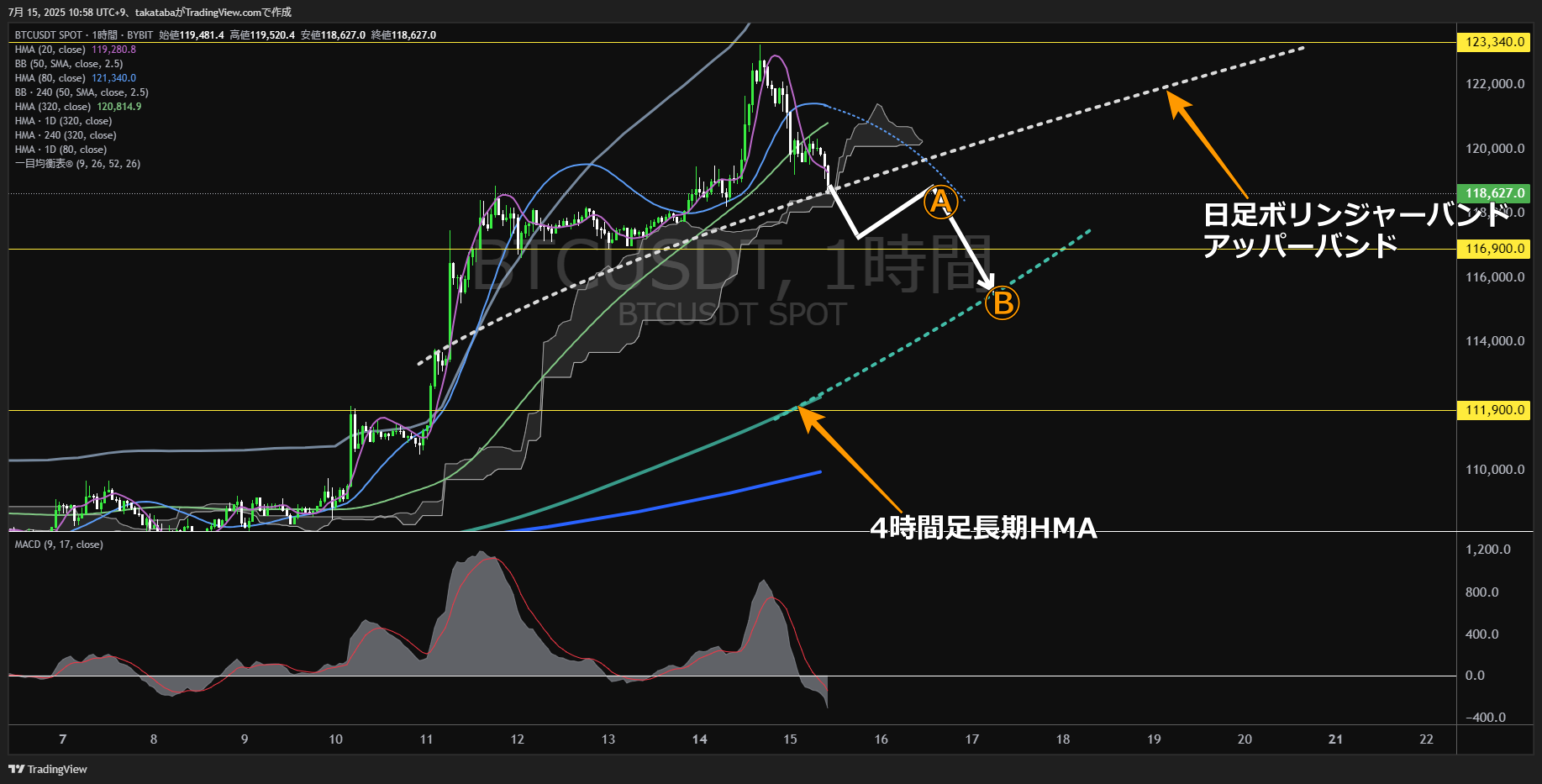 ビットコイン(BTC)-1時間足チャート分析-2025年7月15日