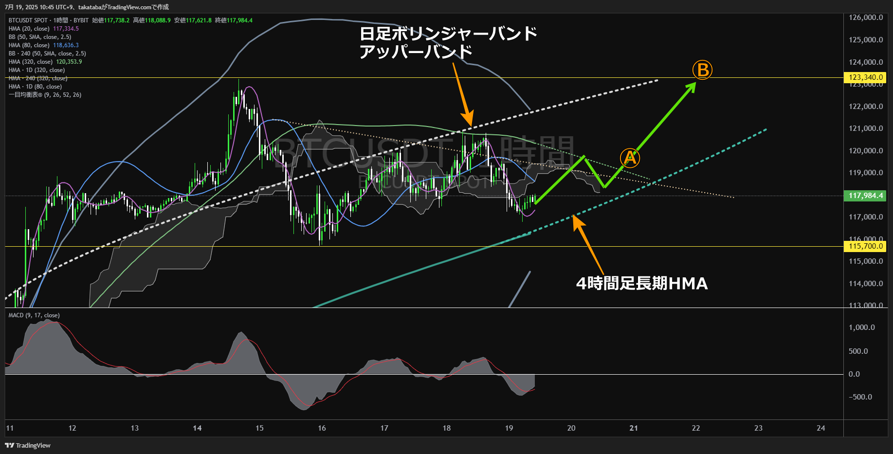 ビットコイン(BTC)-1時間足チャート分析-2025年7月19日