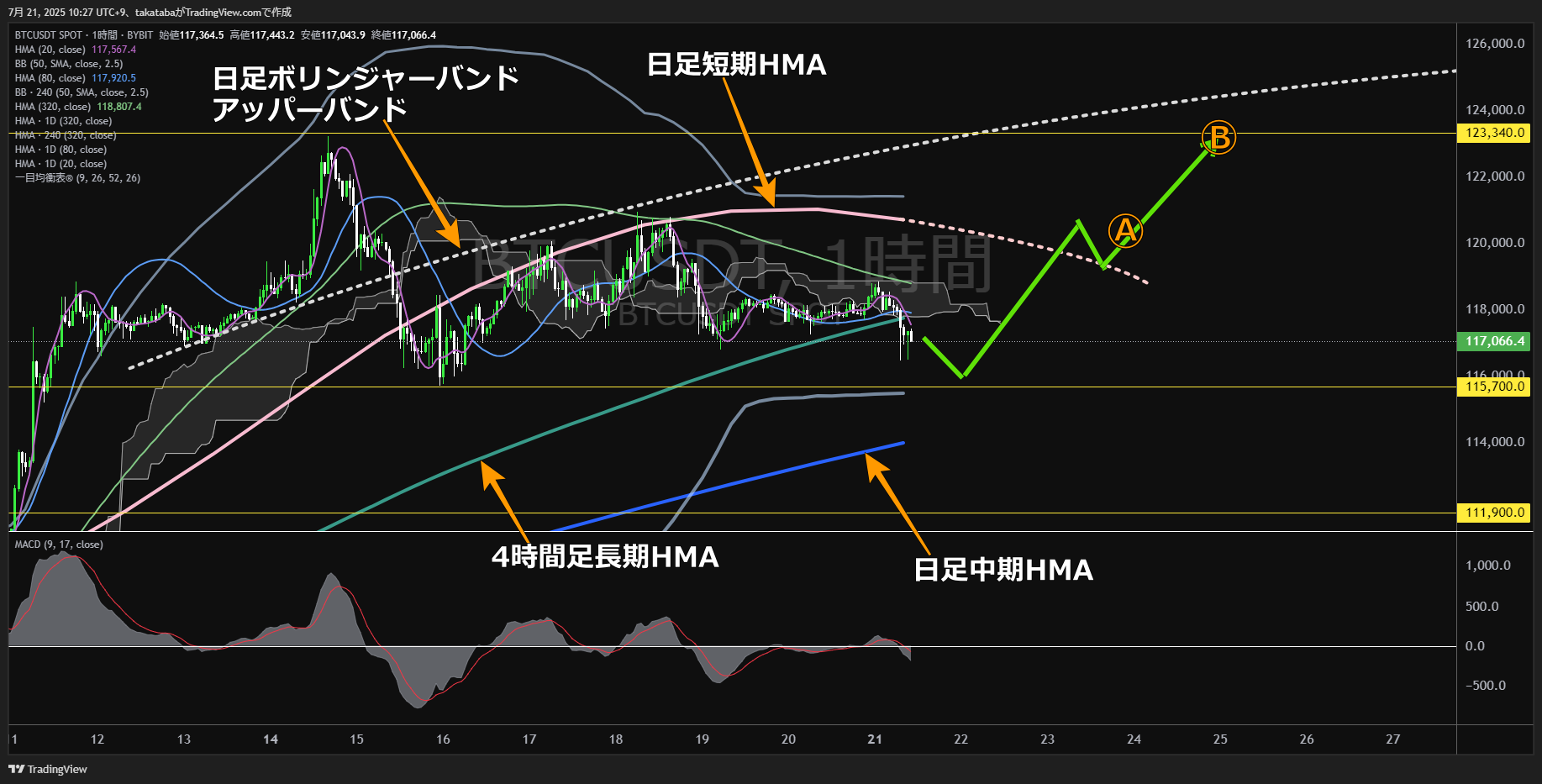 ビットコイン(BTC)-1時間足チャート分析-2025年7月21日