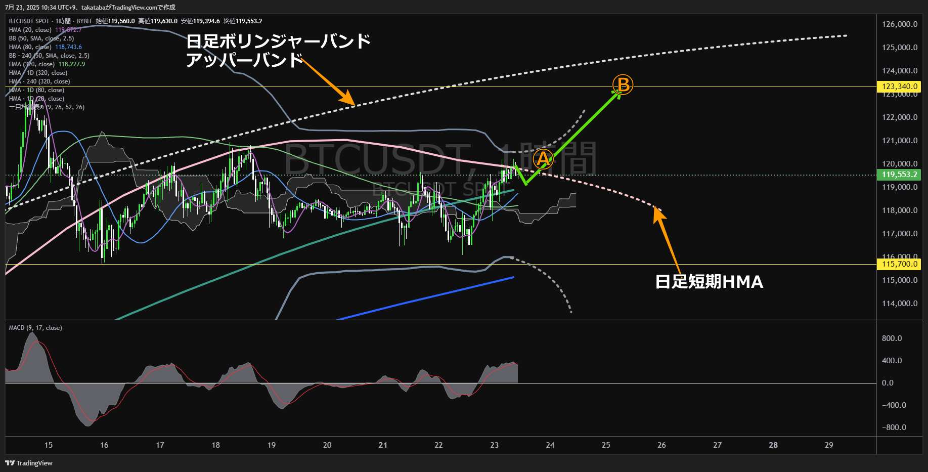 ビットコイン(BTC)-1時間足チャート分析-2025年7月23日