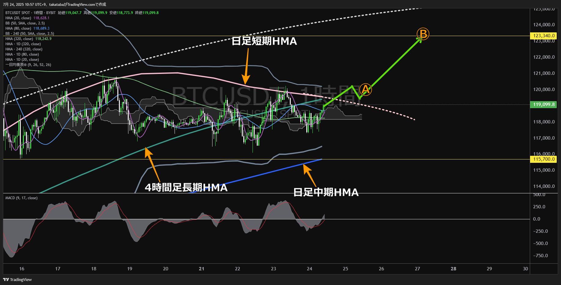ビットコイン（BTC）-1時間足チャート分析-2025年7月24日