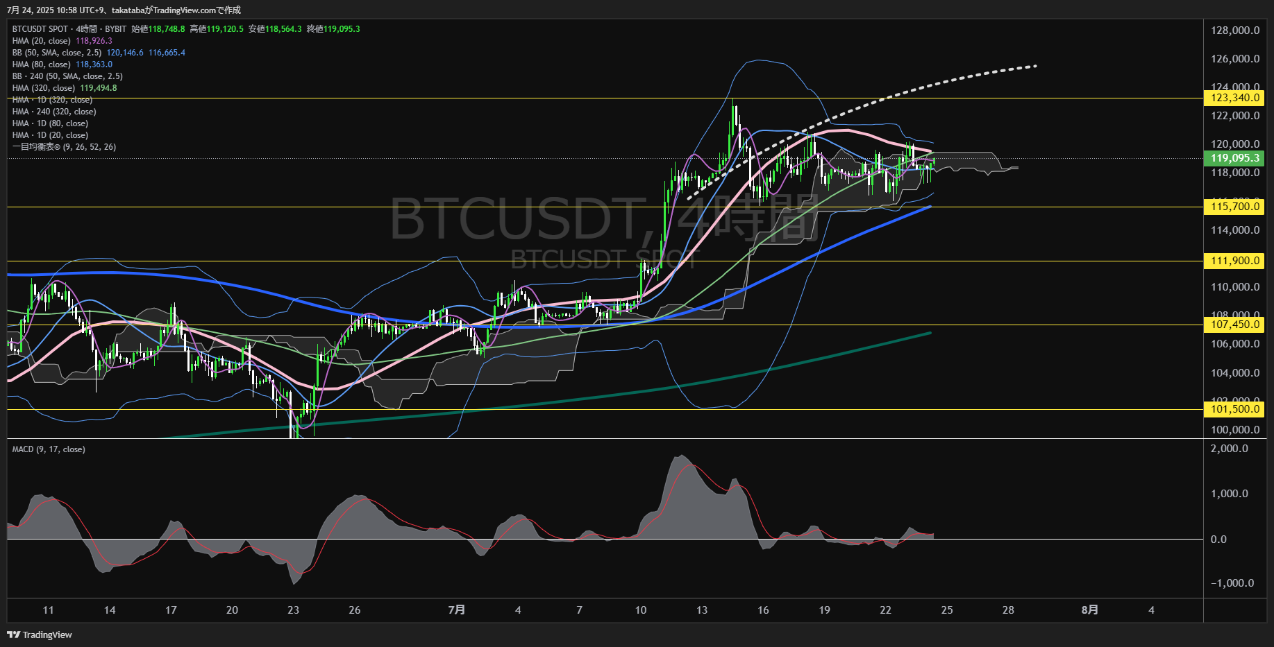 ビットコイン（BTC）-4時間足チャート分析-2025年7月24日