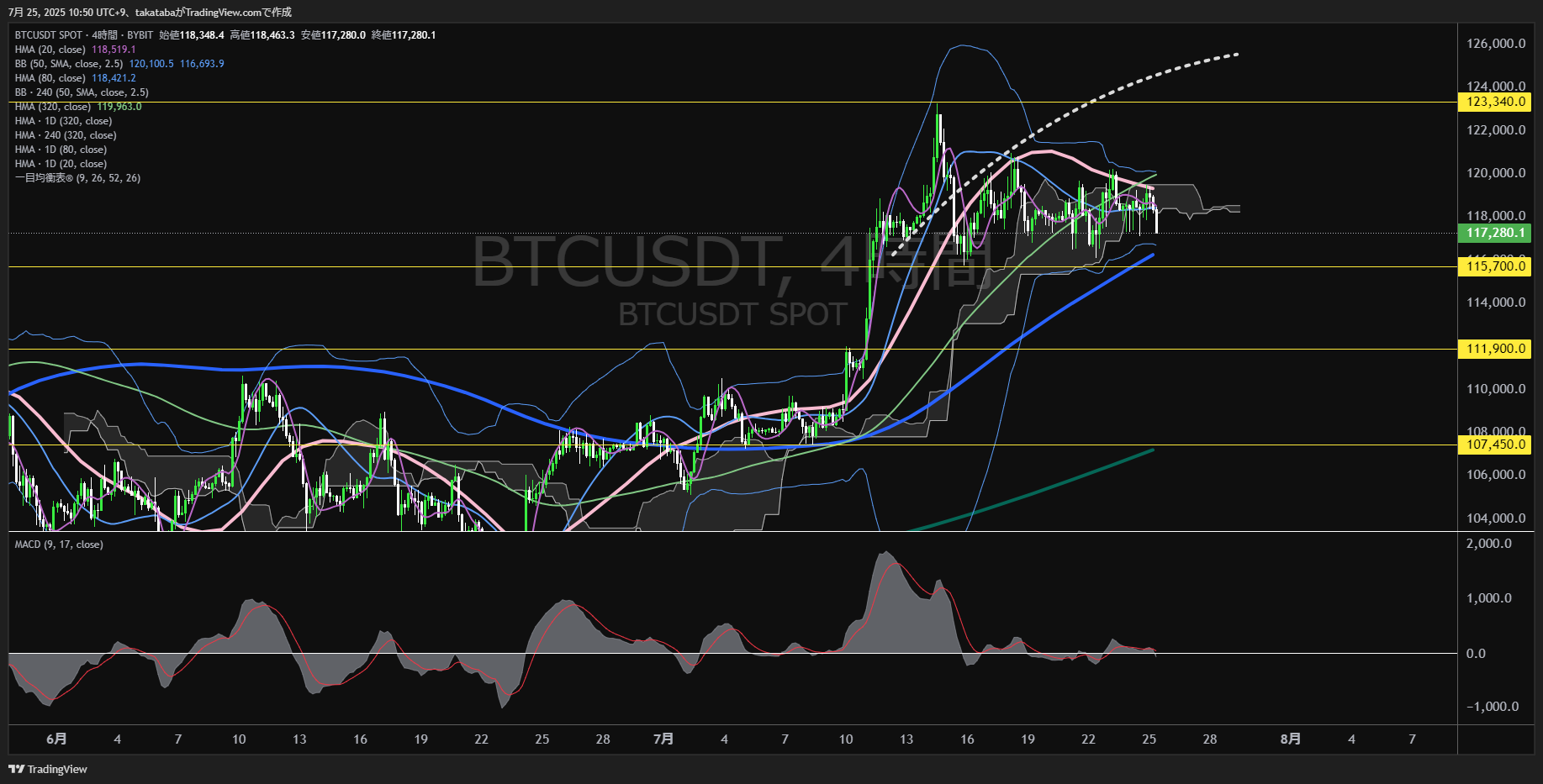 ビットコイン（BTC）-4時間足チャート分析-2025年7月25日