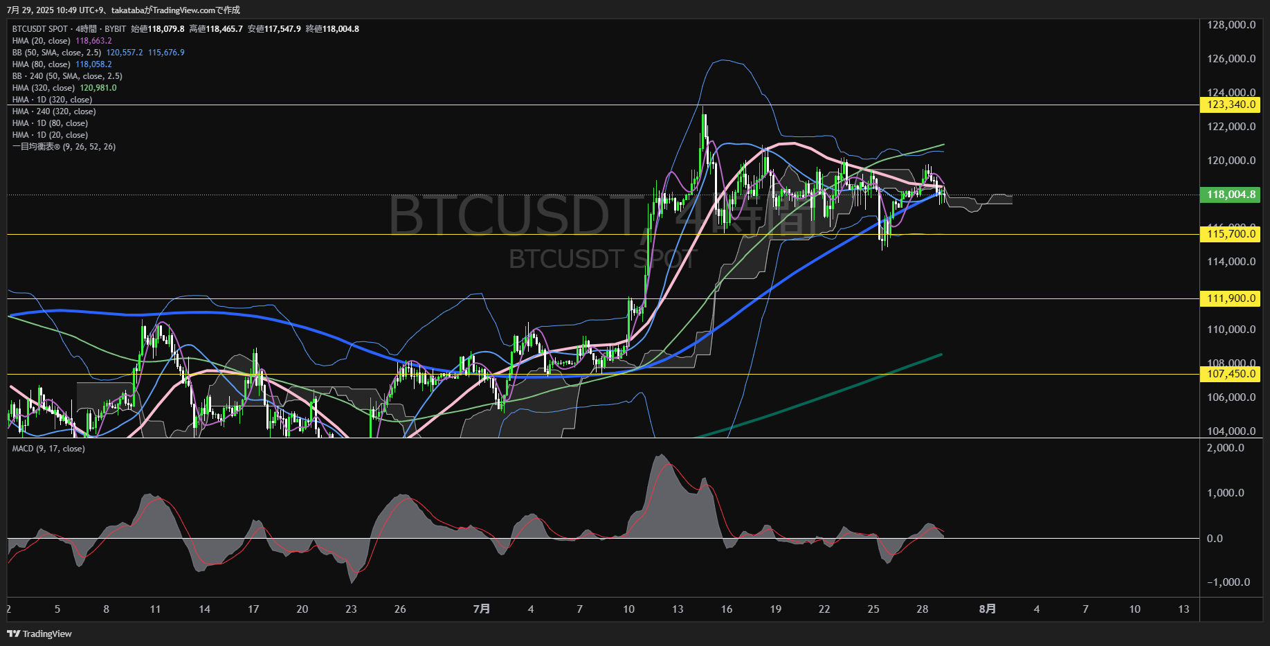 ビットコイン(BTC)-4時間足チャート分析-2025年7月29日