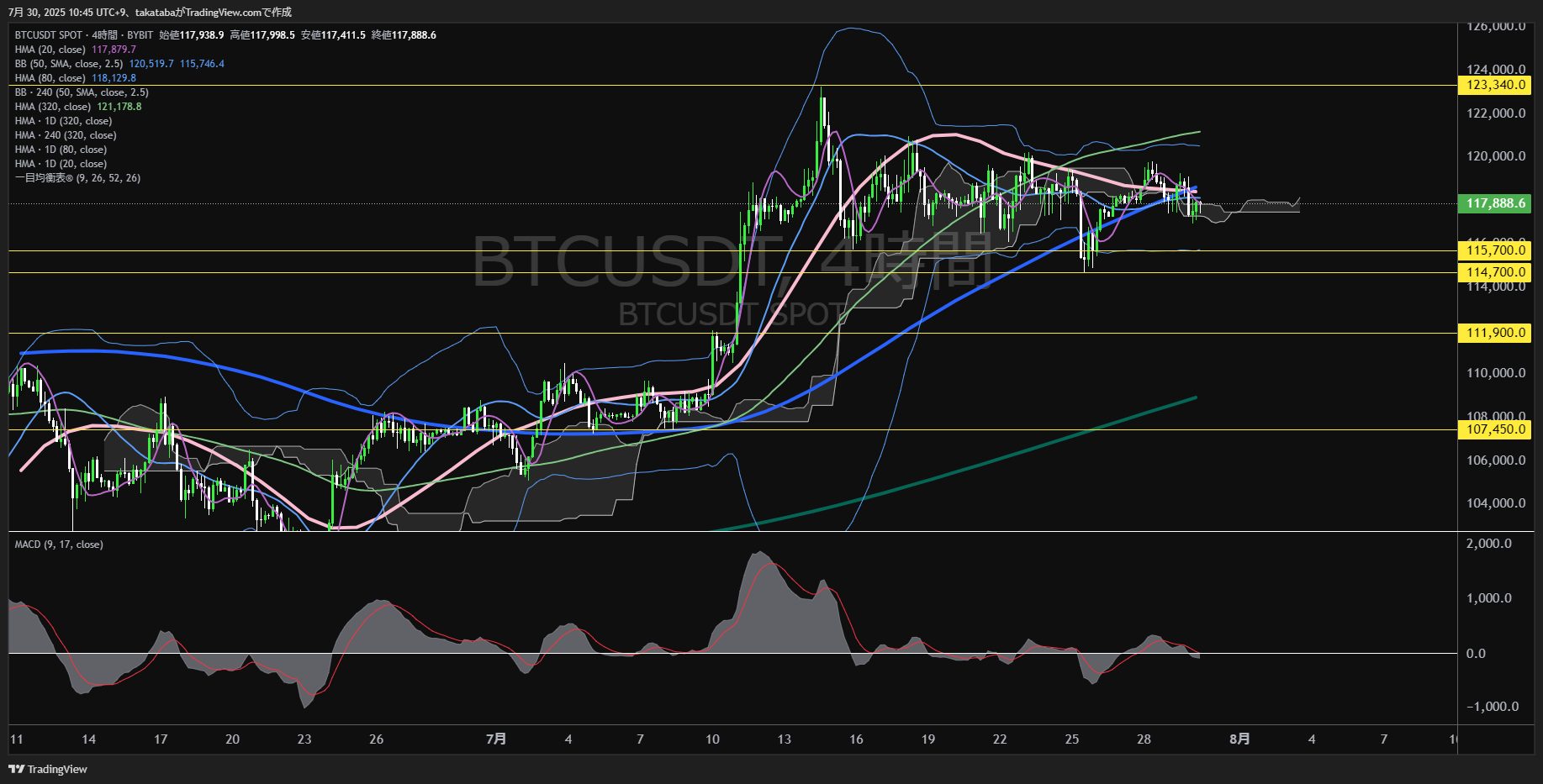 ビットコイン(BTC)-4時間足チャート分析-2025年7月30日