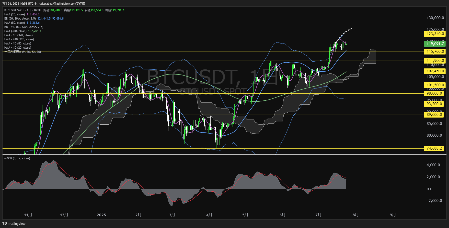 ビットコイン（BTC）-日足チャート分析-2025年7月24日