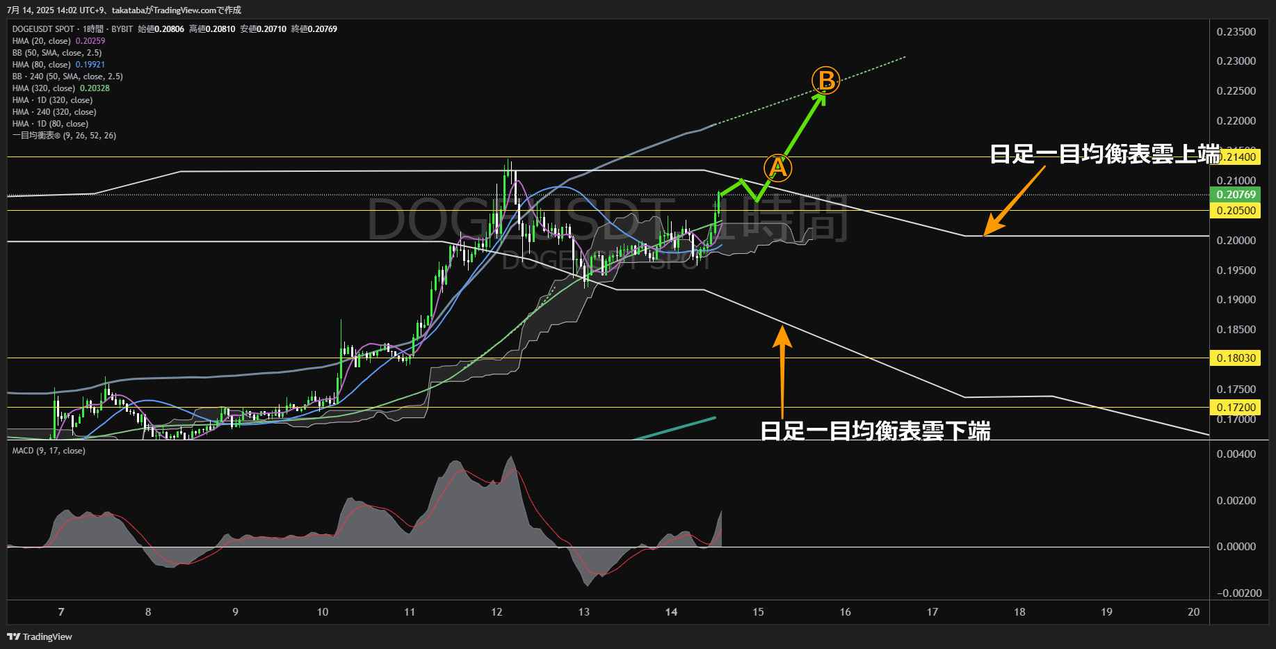 ドージコイン(DOGE)-1時間足チャート分析-2025年7月14日