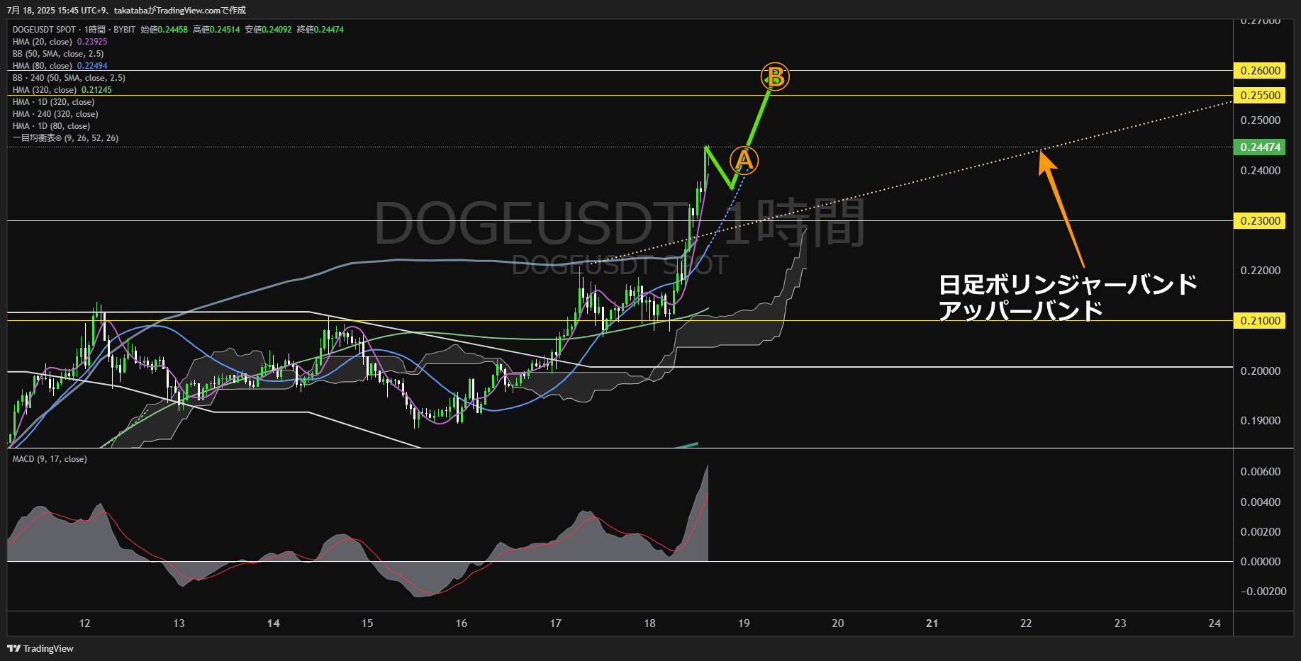 ドージコイン(DOGE)-1時間足チャート分析-2025年7月18日