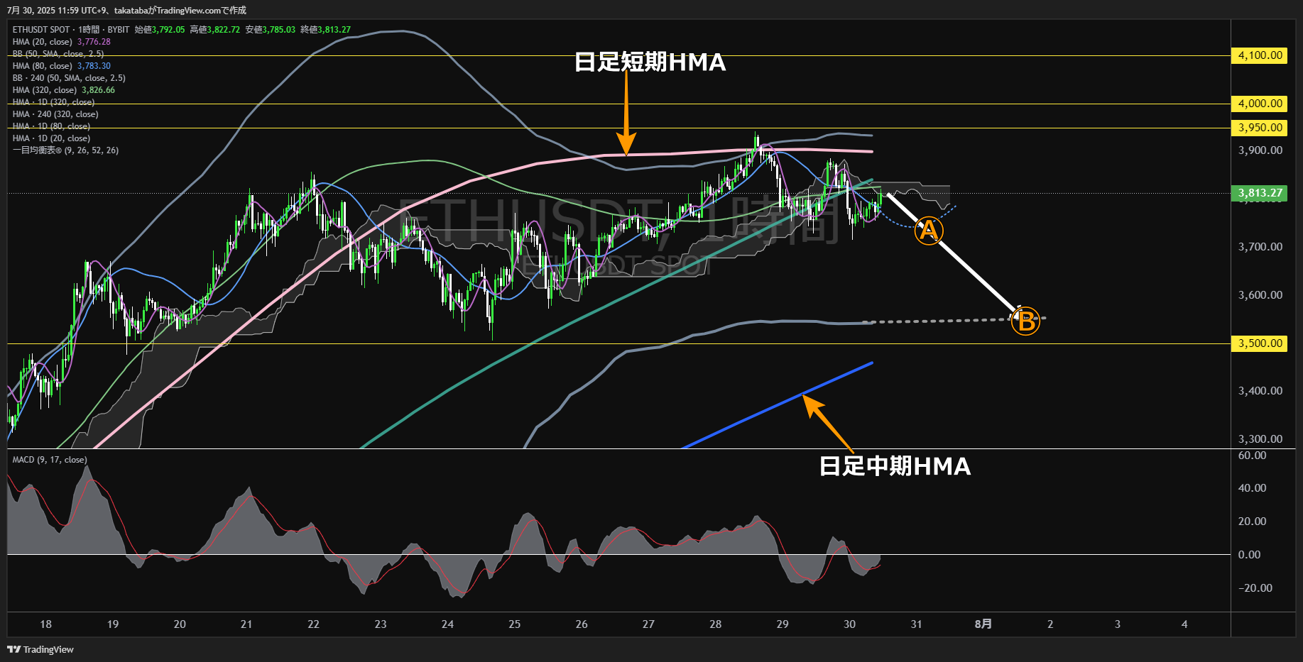 イーサリアム(ETH)-1時間足チャート分析-2025年7月30日