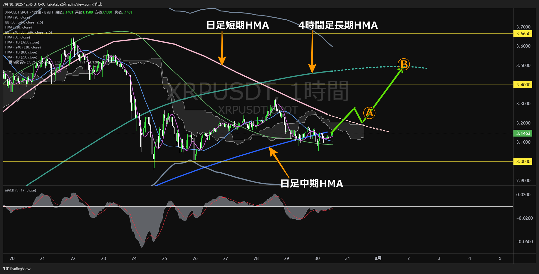 リップル(XRP)-1時間足チャート分析-2025年7月30日