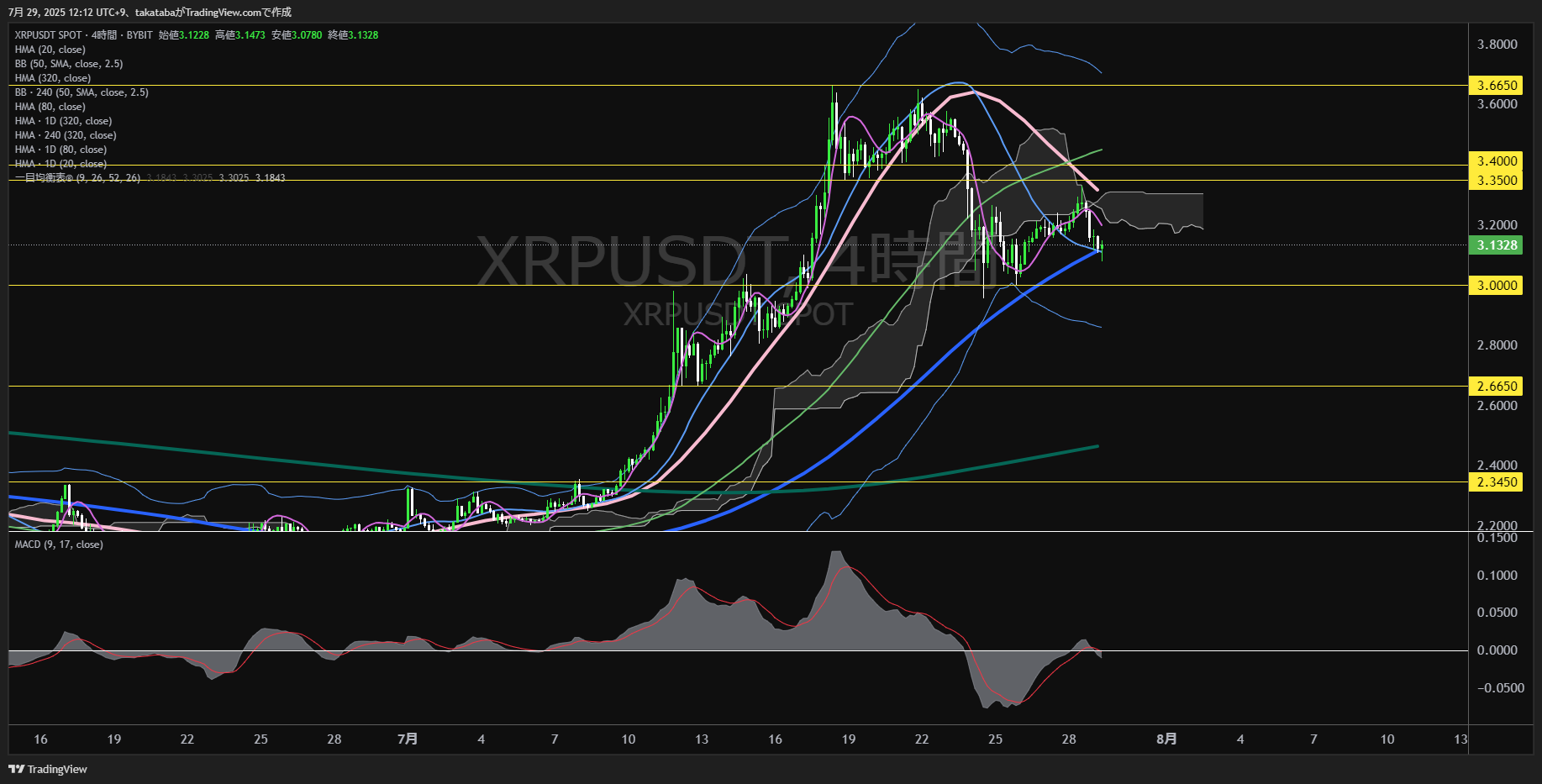 リップル(XRP)-4時間足チャート分析-2025年7月29日