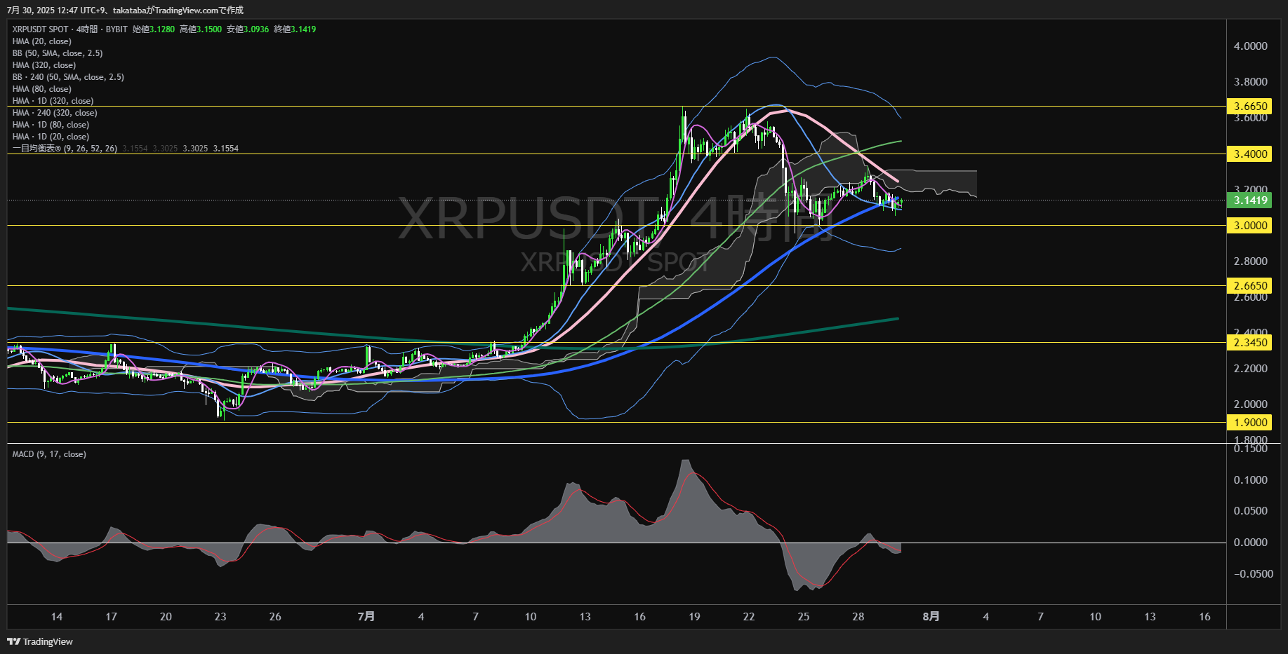 リップル(XRP)-4時間足チャート分析-2025年7月30日