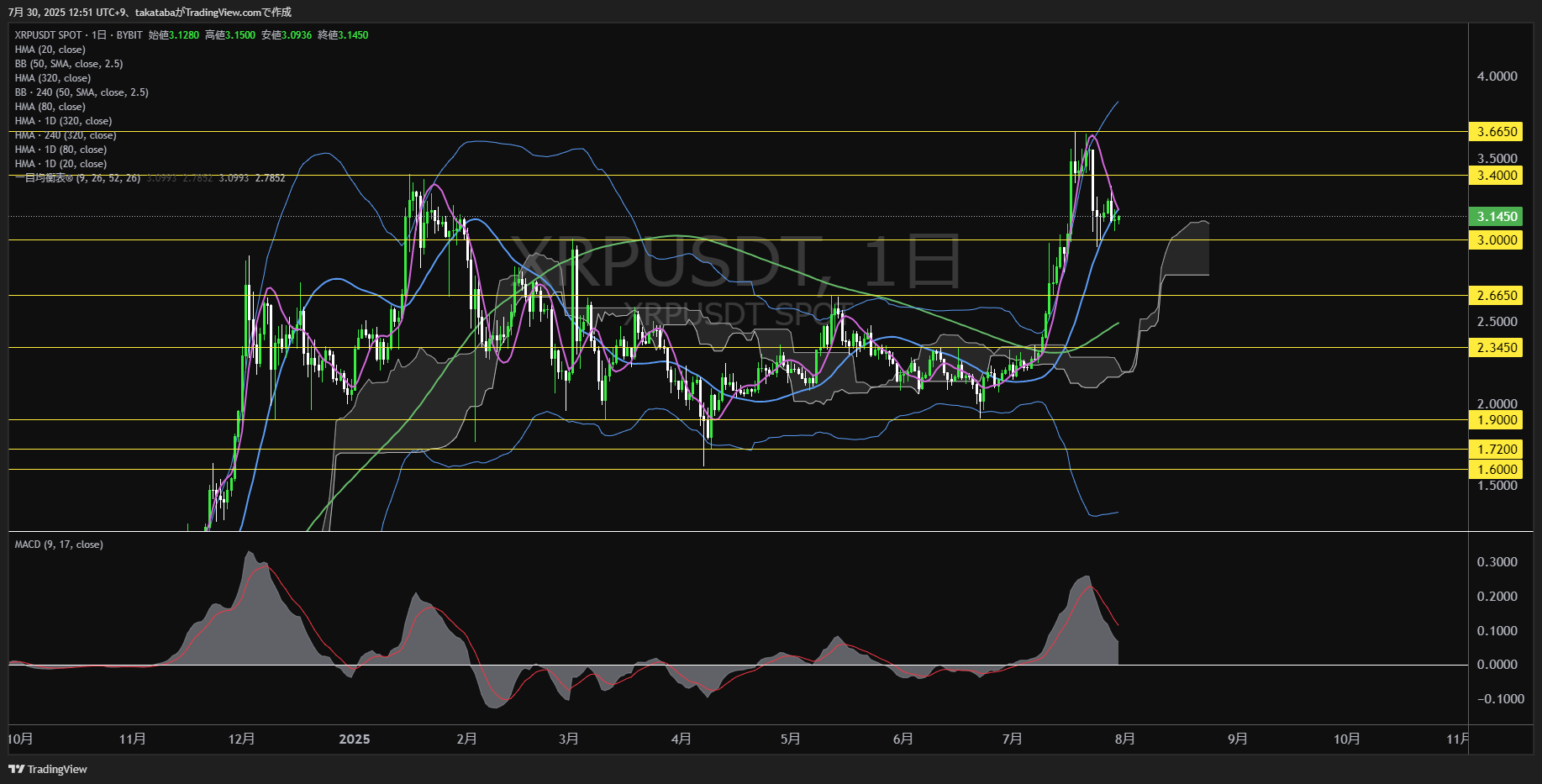 リップル(XRP)-日足チャート分析-2025年7月30日