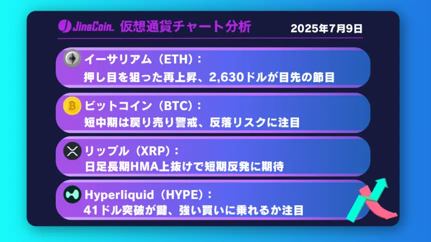 イーサリアム、上昇へ転換か──押し目形成後の再上昇に注目【仮想通貨チャート分析】ETH、BTC、XRP、HYPE2025年7月9日