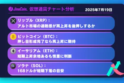 リップル、史上最高値なるか──市場の過熱感が再上昇の鍵【仮想通貨チャート分析】XRP、BTC、ETH、SOL2025年7月19日