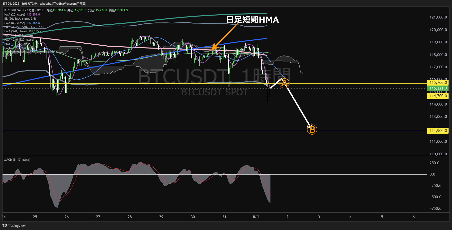 ビットコイン（BTC）-1時間足チャート分析-2025年8月1日
