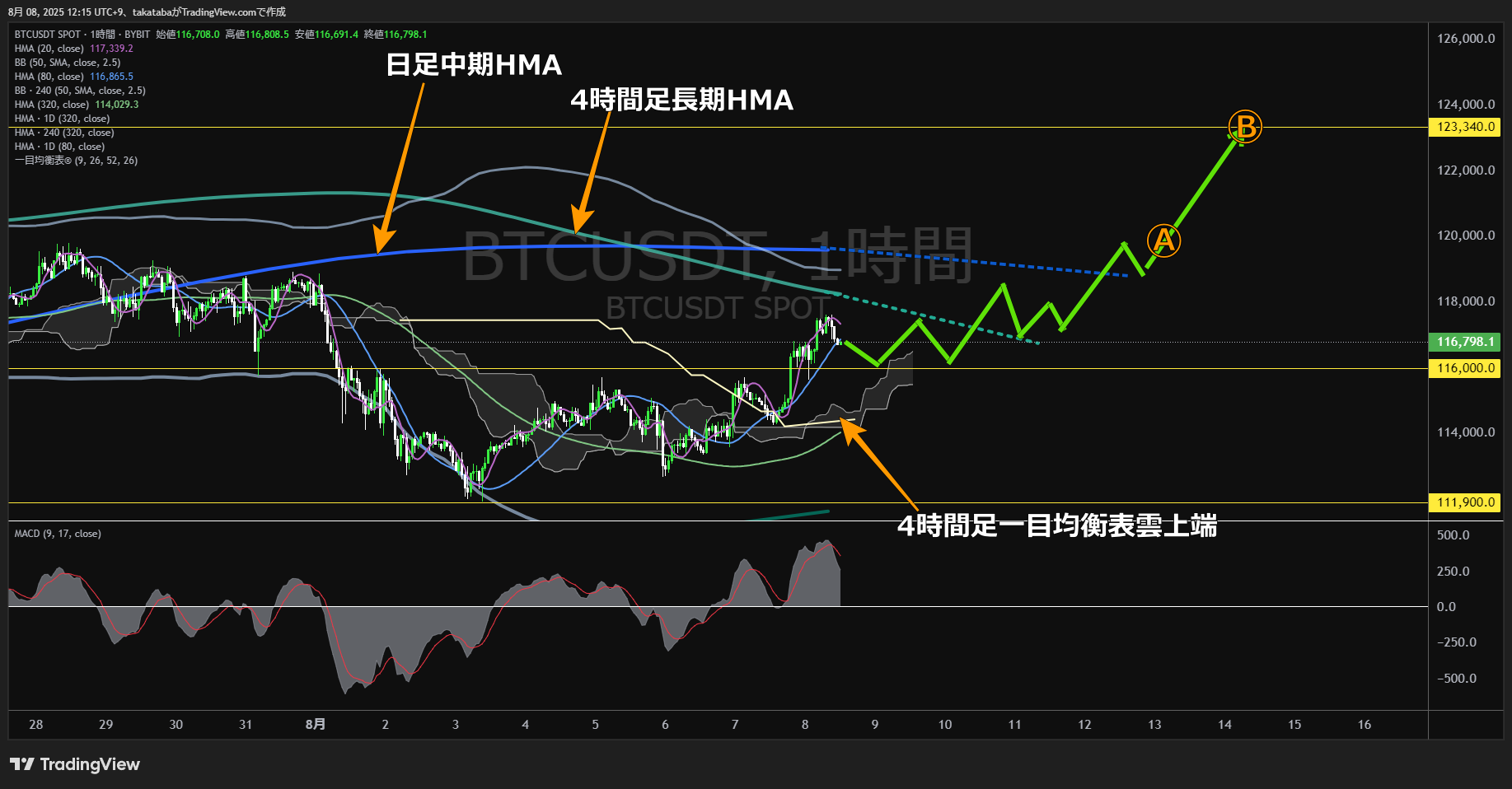 ビットコイン(BTC)-1時間足チャート分析-2025年8月8日