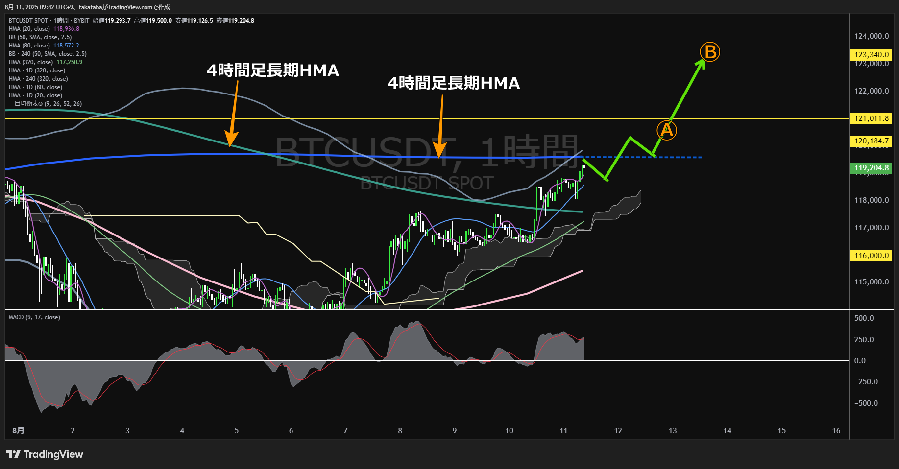 ビットコイン（BTC）-1時間足チャート分析-2025年8月11日