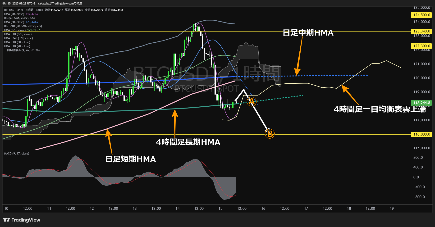 ビットコイン（BTC）-1時間足チャート分析-2025年8月15日