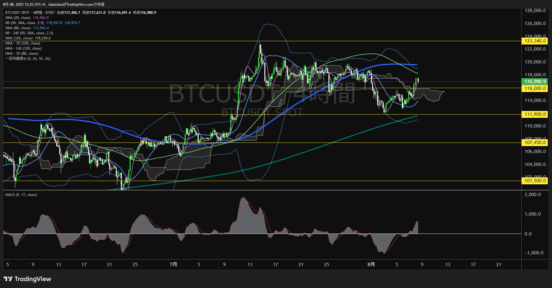ビットコイン(BTC)-4時間足チャート分析-2025年8月8日