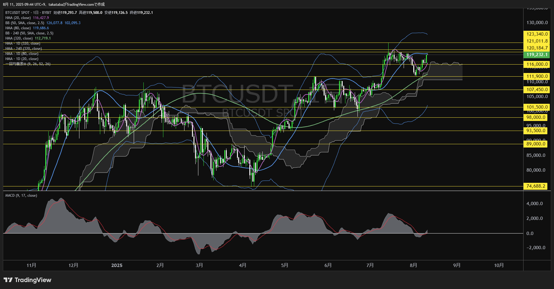 ビットコイン（BTC）-日足チャート分析-2025年8月11日