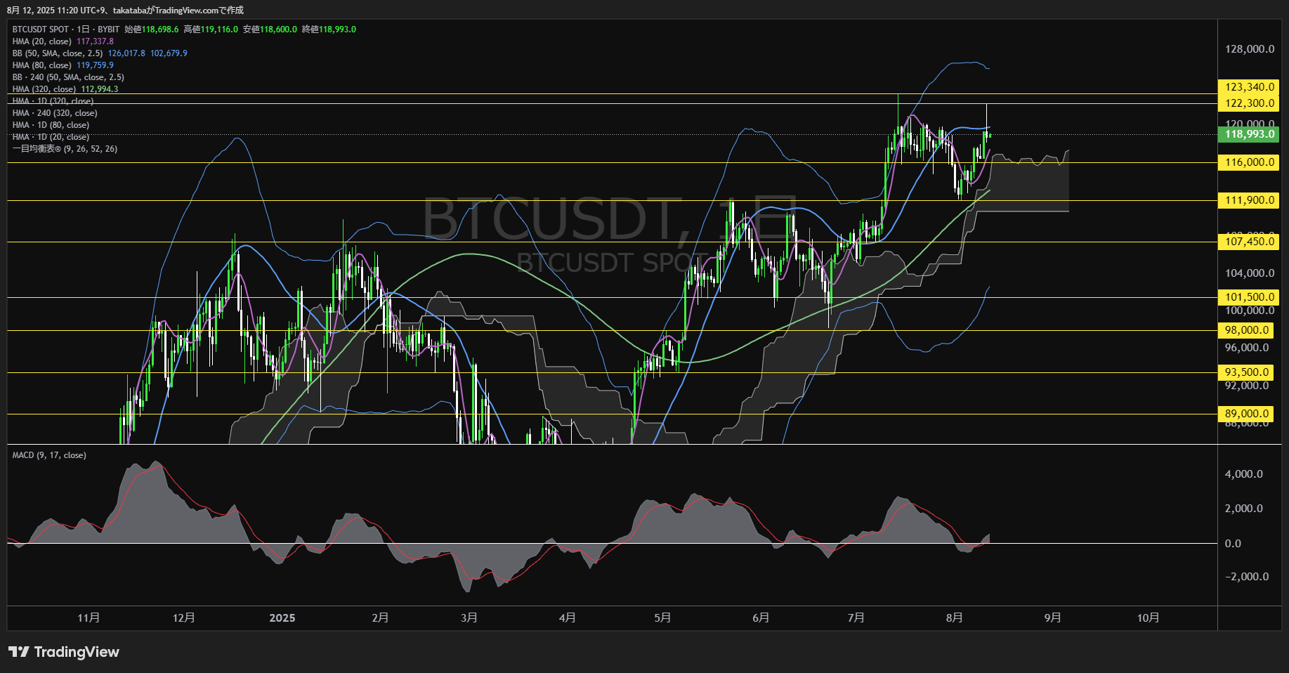 ビットコイン(BTC)-日足チャート分析-2025年8月12日