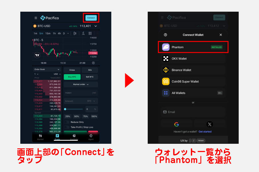 Phantom Walletが起動し、ブラウザ機能でPacificaが開きます。同じ手順で「Connect」から「Phantom」をタップし、ウォレット連携を進めます。