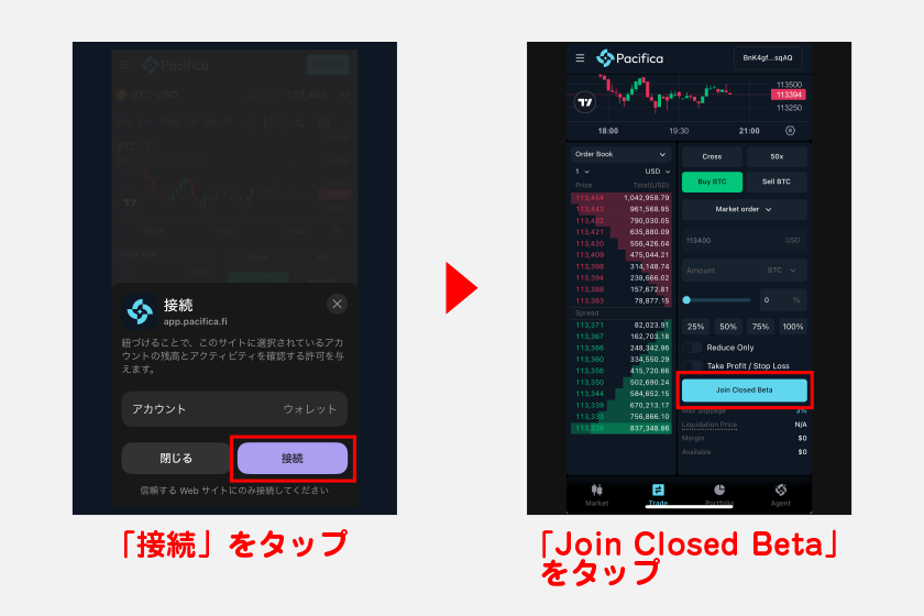ウォレット接続の確認画面で「接続」をタップ。その後、注文画面上の「Join Closed Beta」をタップします。